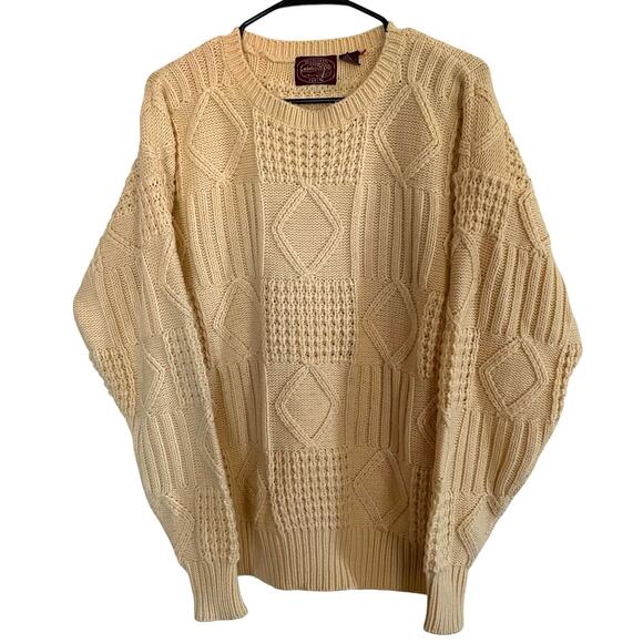 Vintage Other - VTG Chunky Knit Fisherman Cream Sweater Men's SZ LARGE Diamond Cable Knit EUC